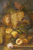 Still life with fruit in a glass bowl (old reline), unframed, antique oil on canvas, 21" x 18"