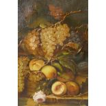 Still life with fruit in a glass bowl (old reline), unframed, antique oil on canvas, 21" x 18"