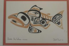 Bill Reid (Haida artist), colour print of a 'Haida dog salmon Skaagi', dated '74, 7½" x 5¼"