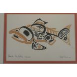 Bill Reid (Haida artist), colour print of a 'Haida dog salmon Skaagi', dated '74, 7½" x 5¼"