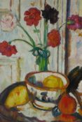 A Scottish Colourist style still life of flowers and fruit, oil on canvas laid on board, 16" x 20"