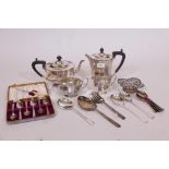 A silver plated tea set, grapefruit spoons, serving spoons etc