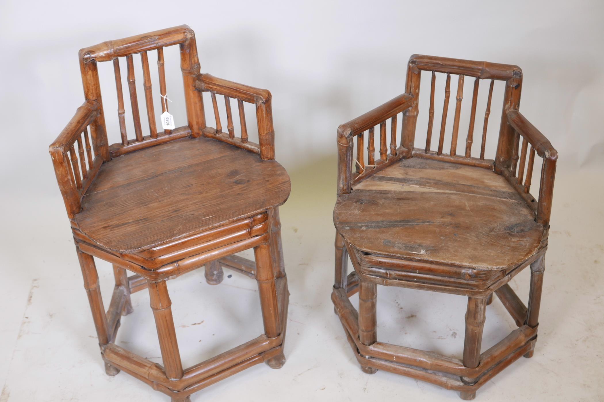 A pair of Chinese his and hers bamboo chairs with spindle backs, largest 28½" high - Image 2 of 2