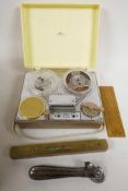 Collectors' items to include a Benkson 68 battery operated reel to reel tape player, a WWII Clou can