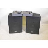 A pair of Peavey PA amps, and a JTS MH850 wireless microphone, boxed