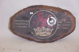 A painted steel British Railway livery crest from a tender, 34" x 20"