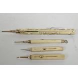 A C19th yellow metal mounted ivory propelling pen and pencil with two fold out penknives, the handle