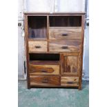 A hardwood cabinet with six drawers, cupboard and open shelves, 42" x 15" x 45"