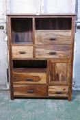 A hardwood cabinet with six drawers, cupboard and open shelves, 42" x 15" x 45"
