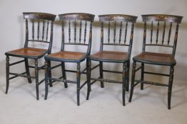 A set of four Regency painted and parcel gilt decorated side chairs, with cane seats, raised on