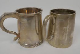 Two hallmarked silver tankards, one with star cut glass base, gross 520 grams