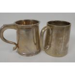 Two hallmarked silver tankards, one with star cut glass base, gross 520 grams