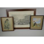 A black and white engraving of Venice, 17" x 12", together with an Edwardian print of a girl with