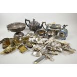 A box of miscellaneous metalwares including silver plate, brass etc