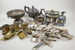 A box of miscellaneous metalwares including silver plate, brass etc