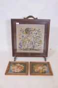 An early C20th tapestry, mounted in a firescreen, and a pair of smaller framed, screen 16" x 17"