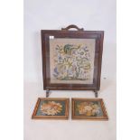 An early C20th tapestry, mounted in a firescreen, and a pair of smaller framed, screen 16" x 17"