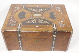 A 'Grand Tour' amboyna wood writing box having extensive ebony, mother of pearl, bone and silver