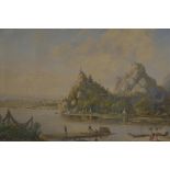 A late C19th/early C20th Siamese river landscape with figures on the foreshore and distant