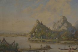 A late C19th/early C20th Siamese river landscape with figures on the foreshore and distant