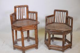 A pair of Chinese his and hers bamboo chairs with spindle backs, largest 28½" high