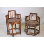 A pair of Chinese his and hers bamboo chairs with spindle backs, largest 28½" high