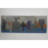 A French abstract still life, indistinctly signed, oil on board, 32" x 12"