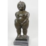 A bronze figure of a nude, in the style of Botero, signed Sika, 15" high