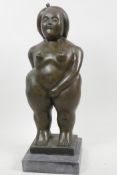 A bronze figure of a nude, in the style of Botero, signed Sika, 15" high