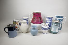 A collection of C19th Staffordshire jugs, Burslem, Wedgwood, Grimwades, Mintons etc, largest 11"