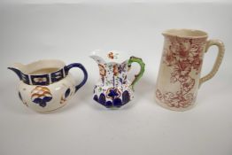 An 1830s Allerton Gaudy Welsh caterpillar handle lustre pitcher, with hand painted flowers and