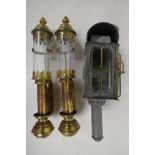 A pair of brass and glass Great Western Railway carriage lamps, 1970s reproductions of Victorian