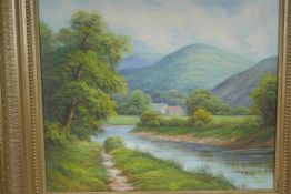 J. King, highland river landscape with cottages, signed, oil on canvas, 20" x 24"
