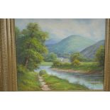 J. King, highland river landscape with cottages, signed, oil on canvas, 20" x 24"