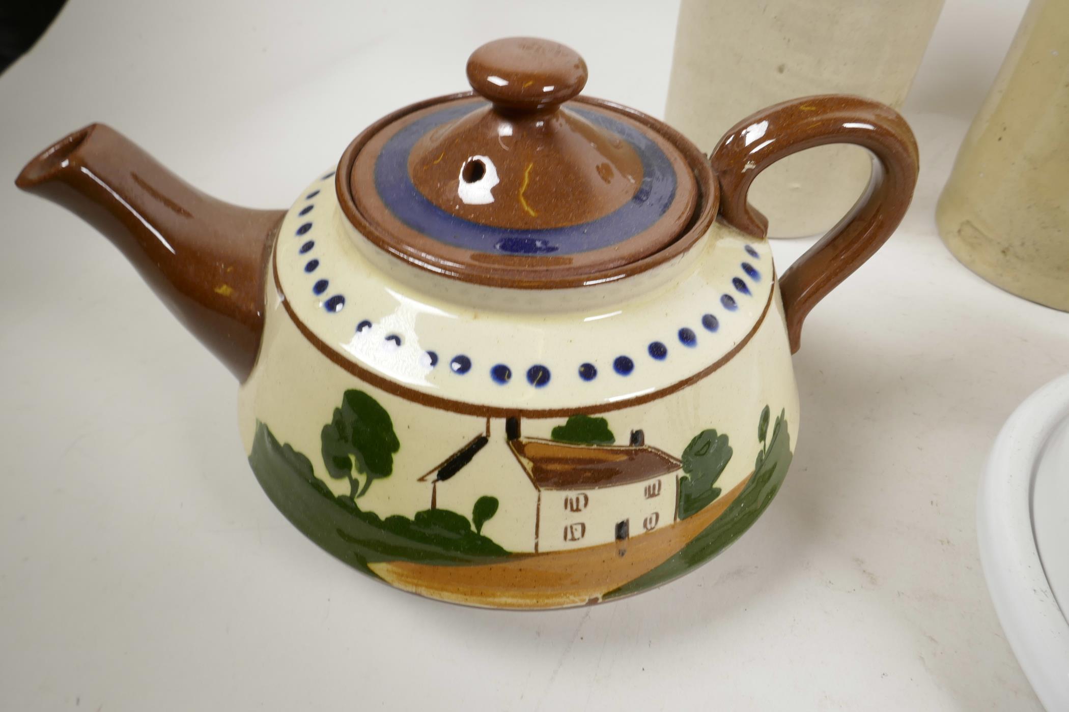 A box of stoneware pottery including Motsware teapot, hot water bottle, cheese dish etc - Image 3 of 5