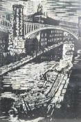 Lino cut of a canal scene with turreted bridge, titled verso 'Rochdale Canal, Knott Mill,