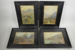 Four overglazed landscape scenes depicting a stag, a shepherd and his flock, a rural hamlet and a