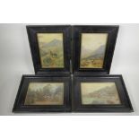 Four overglazed landscape scenes depicting a stag, a shepherd and his flock, a rural hamlet and a