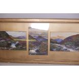 Iris Maria Perott RHA, three mountain landscapes with sheep and figures, watercolours, 7" x 10",