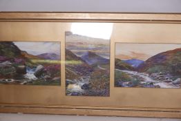 Iris Maria Perott RHA, three mountain landscapes with sheep and figures, watercolours, 7" x 10",