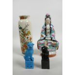 An attractive lot consisting of a mid C20th Chinese seated Guan Yin porcelain figure, 10" high x