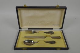 An Italian 800 silver baptism knife, fork and spoon set, boxed