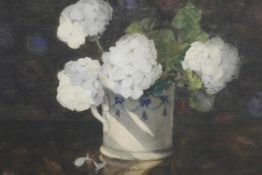Hydrangea in a blue and white jug, signed K. Cameron, watercolour, 10½" x 13"