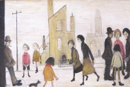 After Lowry, busy street scene with figures and a dog, oil on canvas laid on board, 16" x 12"