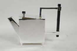 An Art Deco style silver plated teapot of square form in the style of Christopher Dresser, 6" high
