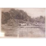 An etching of a town by a river titled Andernach, signed A.E. Gunther, 14" x 12", together with a