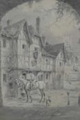 An ink and wash street scene with a huntsman, titled 'Memories of Bye-Gone days', 10" x 14"