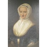 Portrait of a young lady in Puritan costume, C19th, oil on canvas, in a good C18th carved wooden