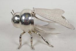 A silver plate and glass honey pot in the form of a bee, 6" long