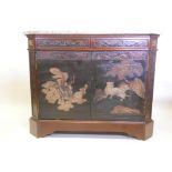 A C18th Continental mahogany buffet incorporating C18th Japanese lacquer panels depicting mythical